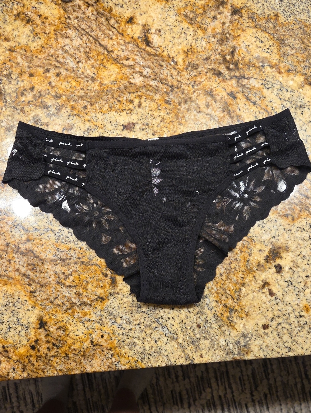 PINK Victoria's Secret Black Lace Bikini Panty with Branded Trim
